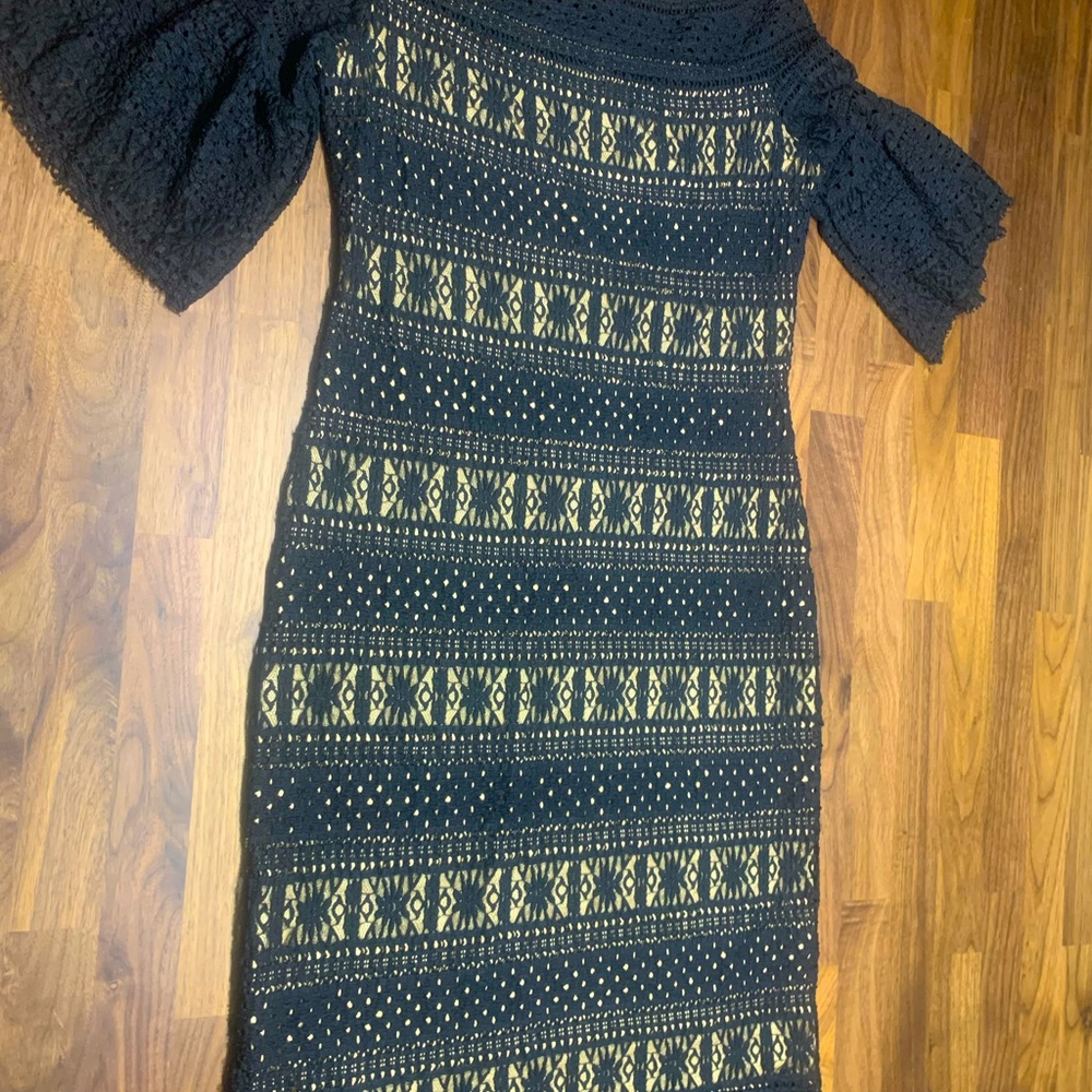 Max Studio S London Black Midi Dress With Embroidered Lace And Tiered Hem